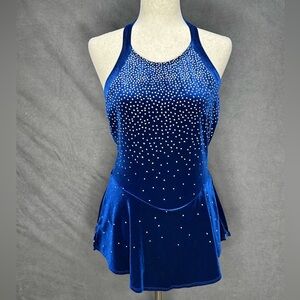 STARRY NIGHT Figure Skating Dress Royal Blue Velour & Crystals Sz XL Competition
